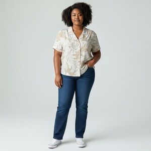 Vintage 80s Judy Bond Tropical Button Up Blouse Padded Shoulders Beige White 18